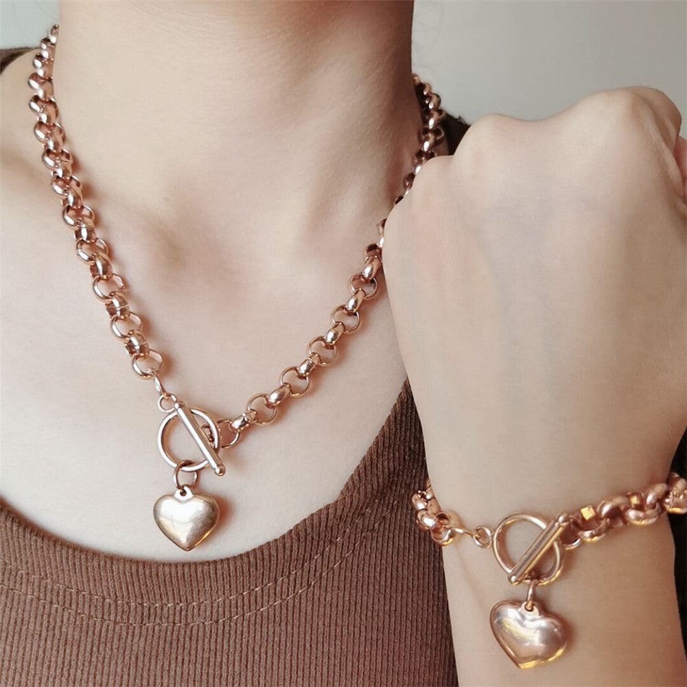 Chunky Chain Necklace & Bracelet Gift Set With Heart Lock